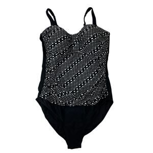 Bonita Swim Polka Dot One Piece Swimsuit Black White Ruched 14 Women's